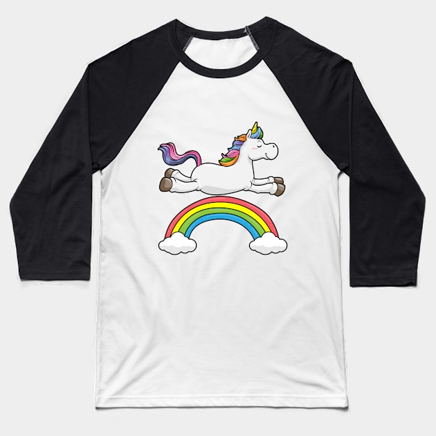 Floating unicorn on a rainbow with clouds Baseball T-Shirt by Markus Schnabel